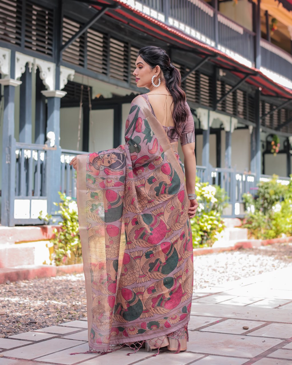 : Premium Madhubani Print Linen Cotton Saree