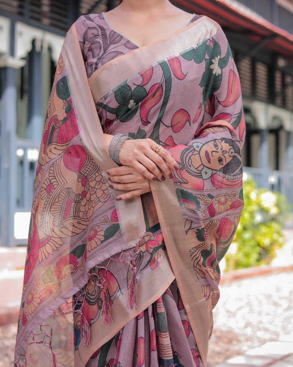 : Premium Madhubani Print Linen Cotton Saree