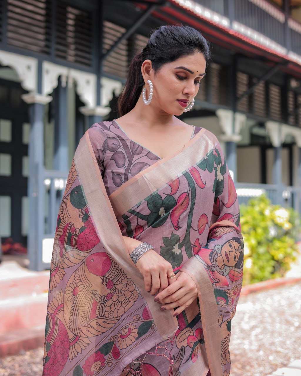 : Premium Madhubani Print Linen Cotton Saree
