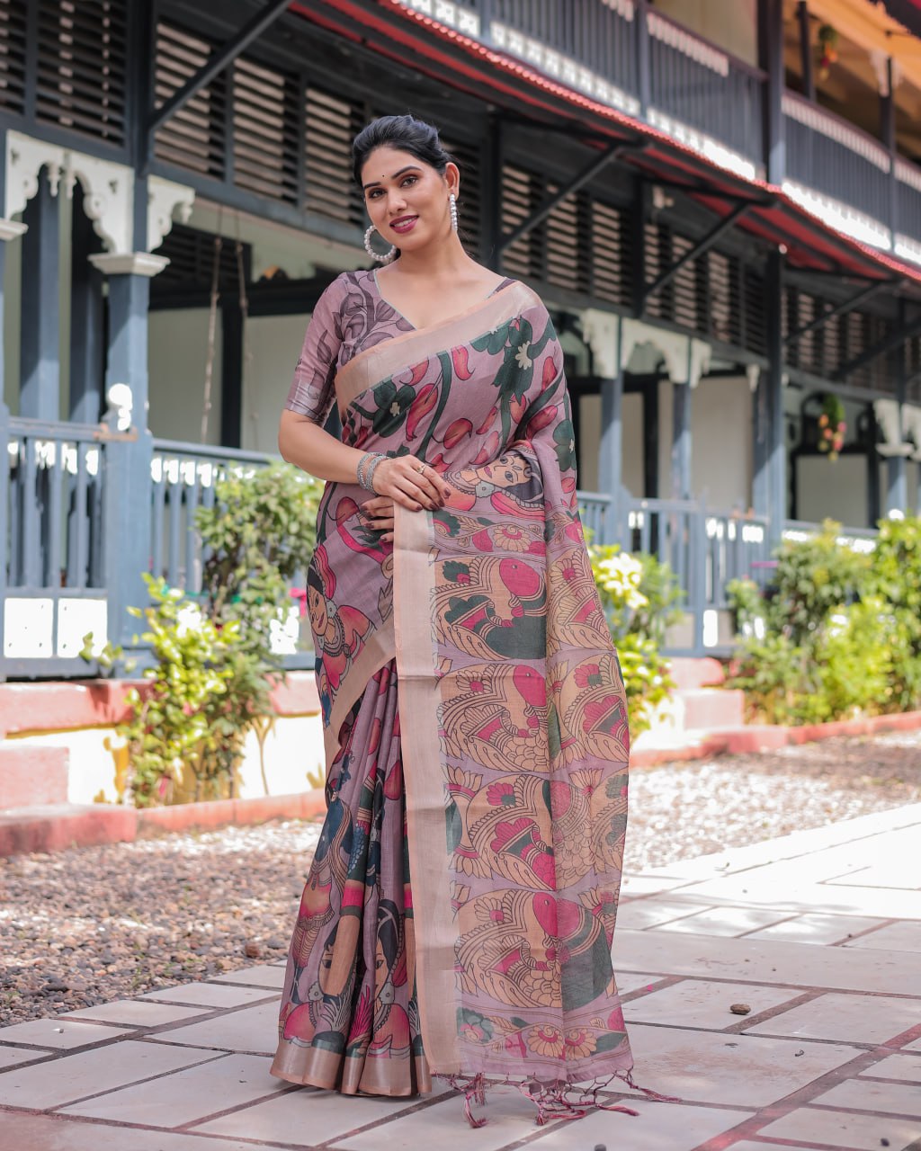 : Premium Madhubani Print Linen Cotton Saree