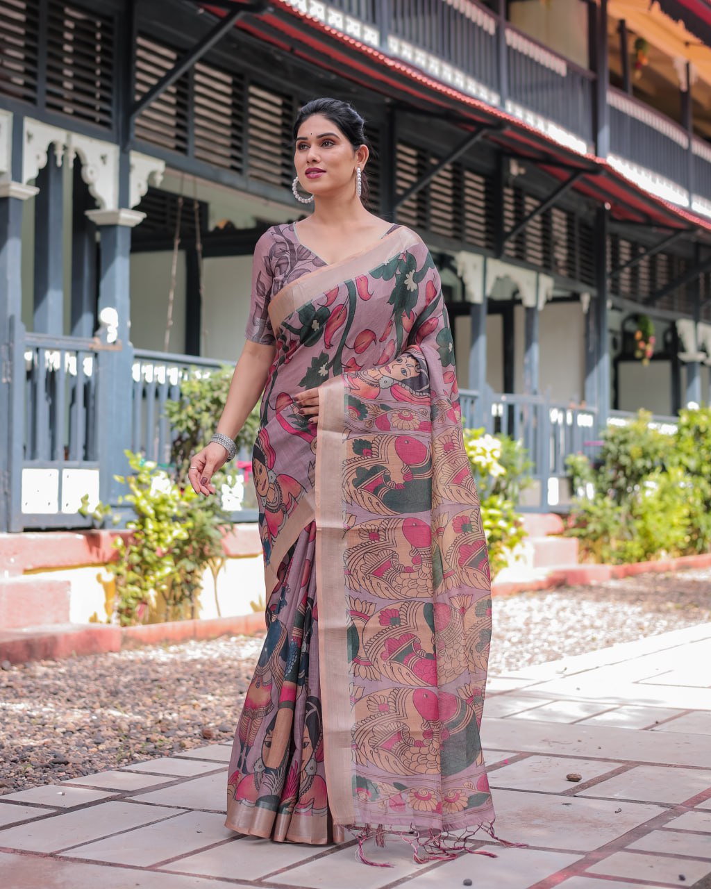 : Premium Madhubani Print Linen Cotton Saree