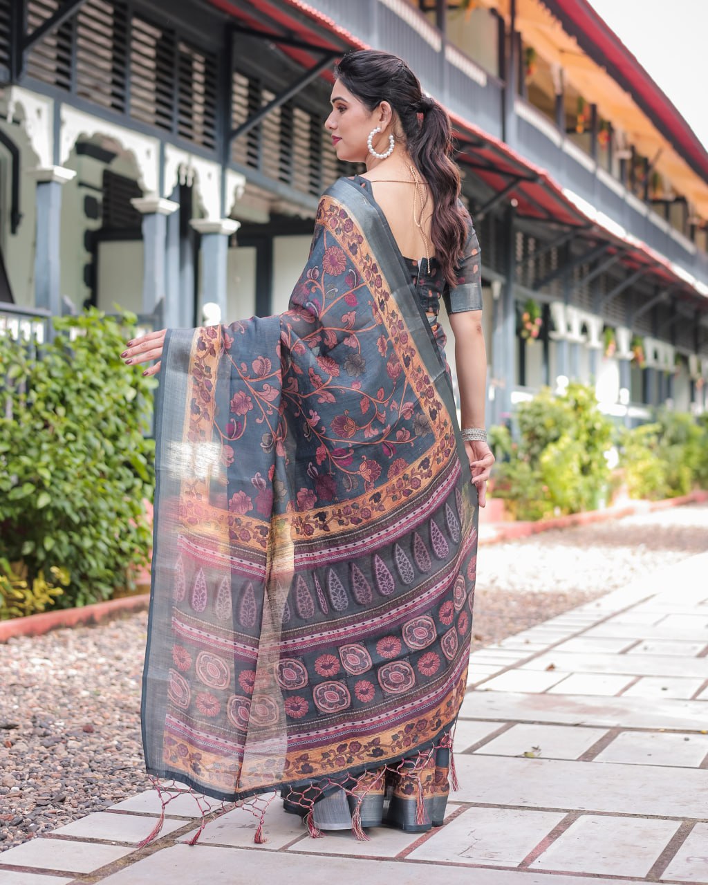 Elegant Charcoal Grey Floral Print Linen Cotton Saree