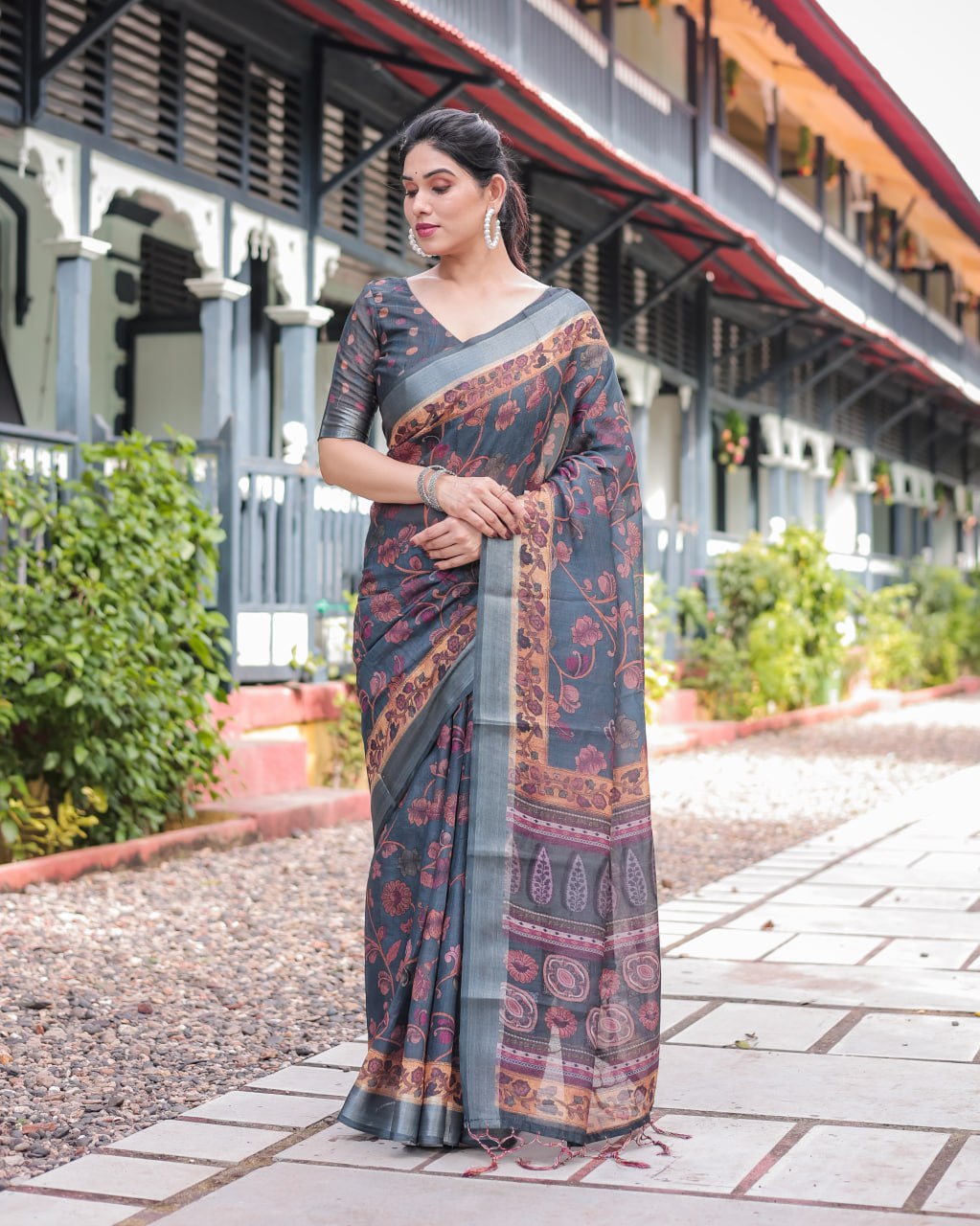 Elegant Charcoal Grey Floral Print Linen Cotton Saree