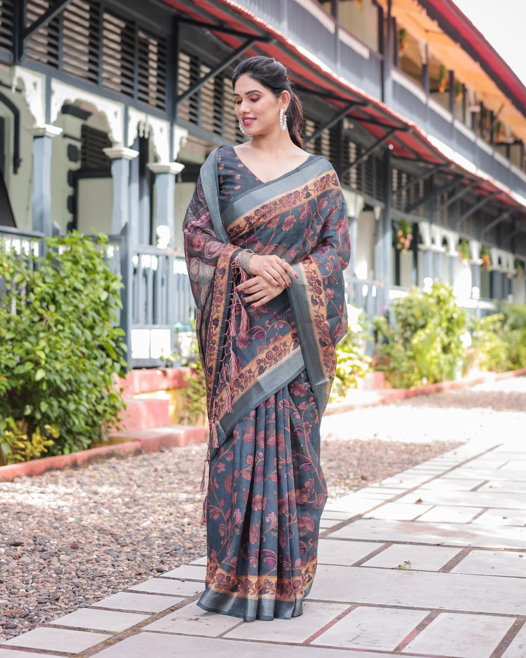 Elegant Charcoal Grey Floral Print Linen Cotton Saree