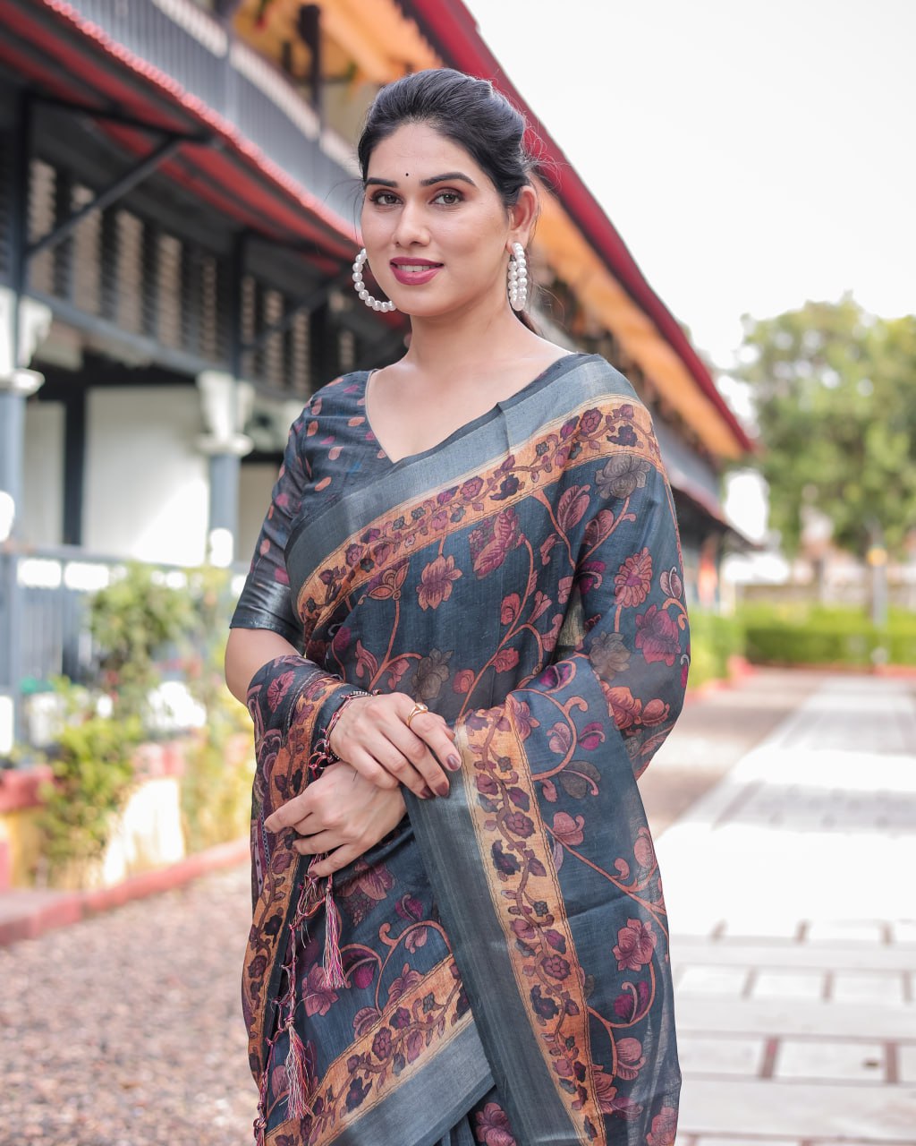Elegant Charcoal Grey Floral Print Linen Cotton Saree