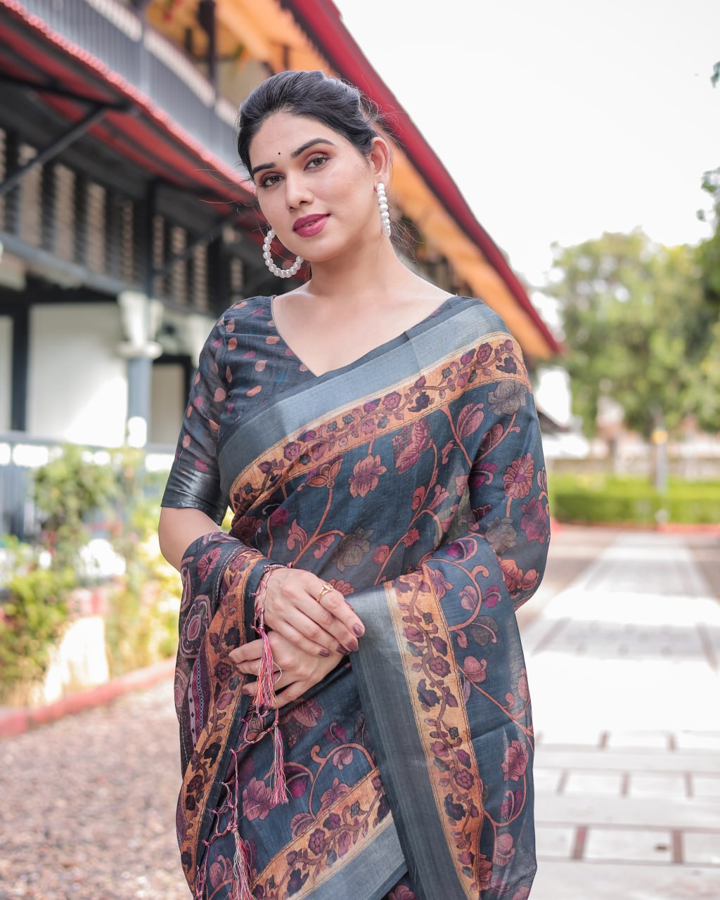 Elegant Charcoal Grey Floral Print Linen Cotton Saree