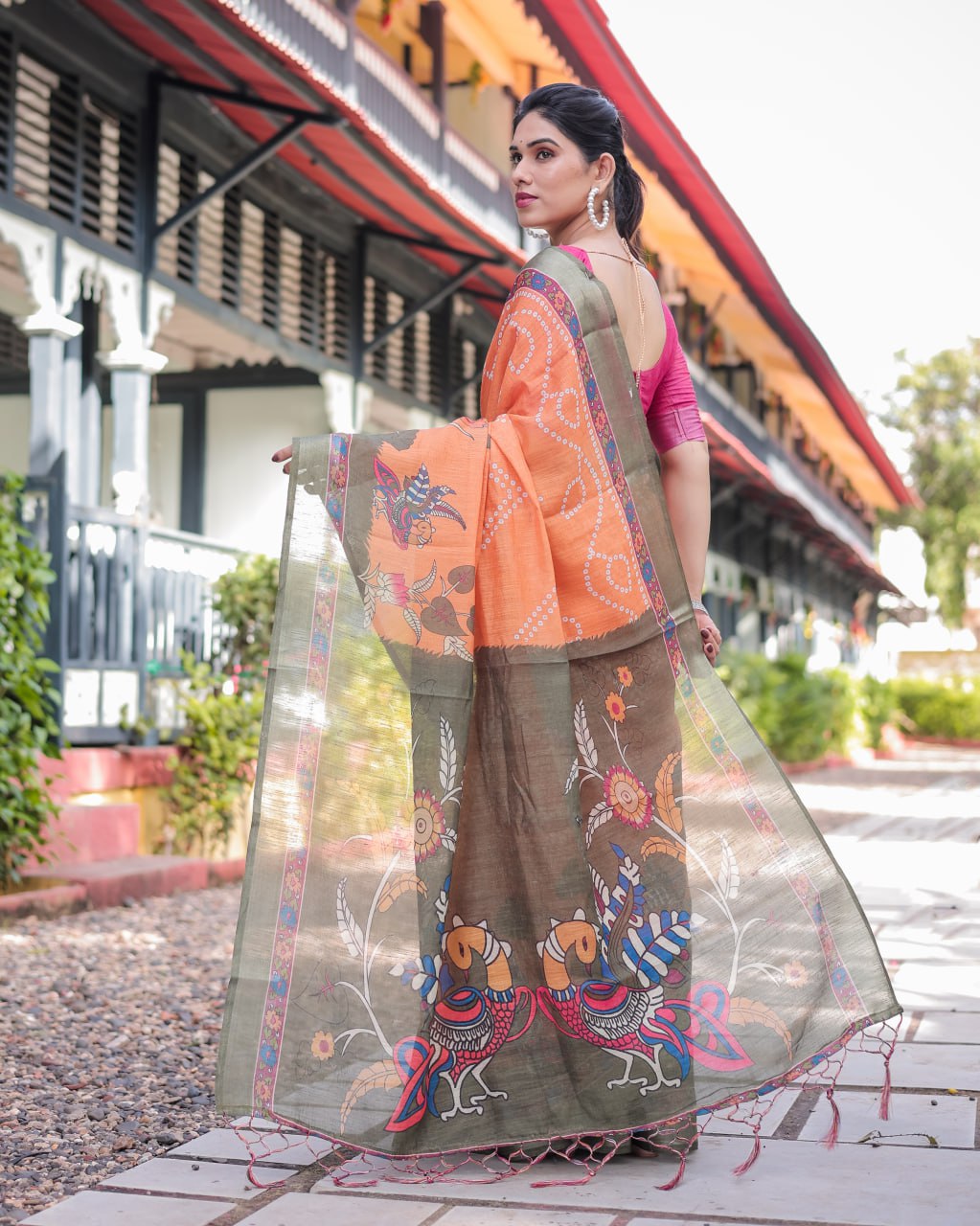Vibrant Orange Bandhani & Kalamkari Fusion Print Linen Cotton Saree