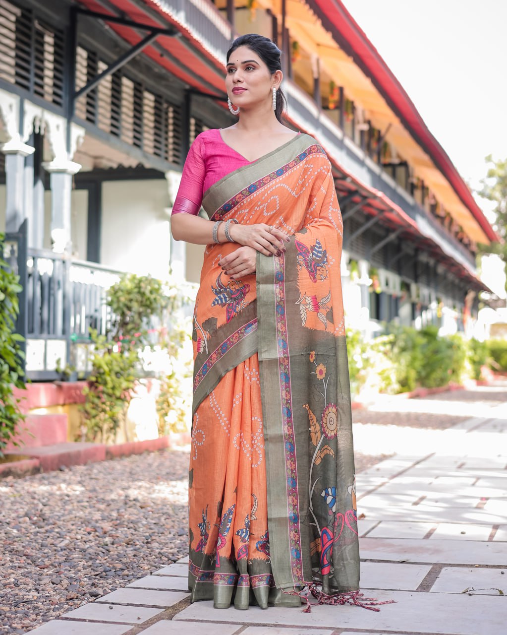 Vibrant Orange Bandhani & Kalamkari Fusion Print Linen Cotton Saree