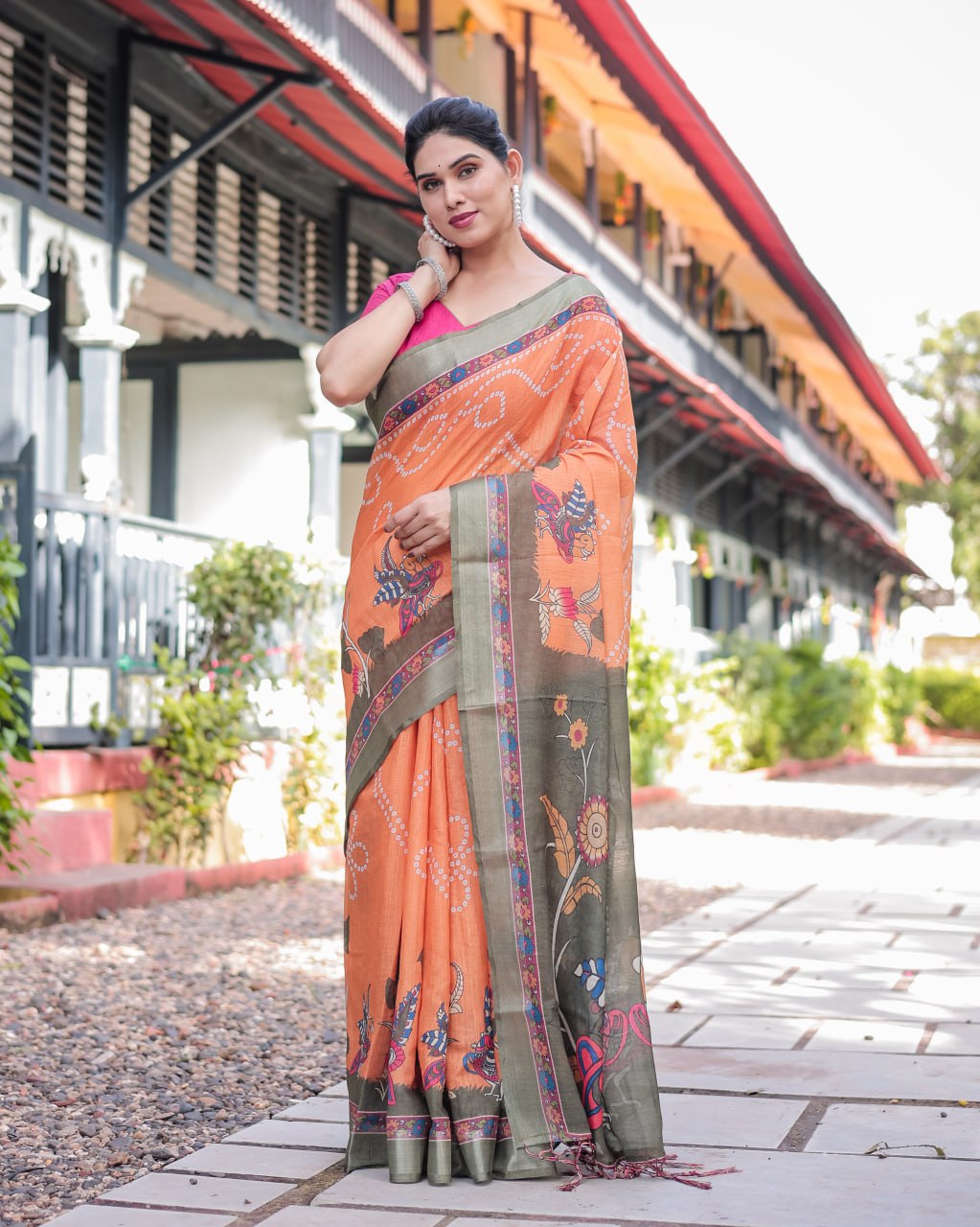 Vibrant Orange Bandhani & Kalamkari Fusion Print Linen Cotton Saree