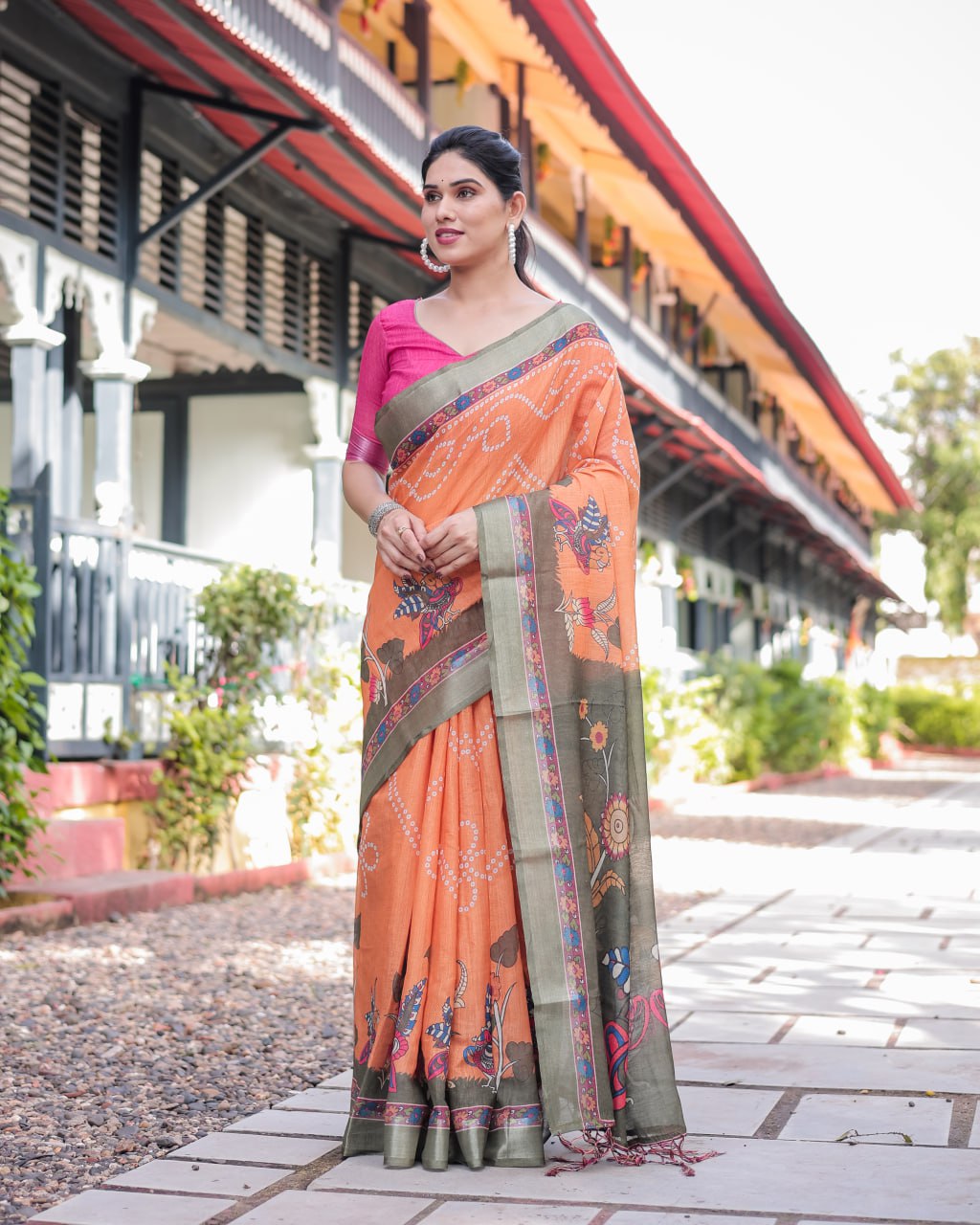 Vibrant Orange Bandhani & Kalamkari Fusion Print Linen Cotton Saree