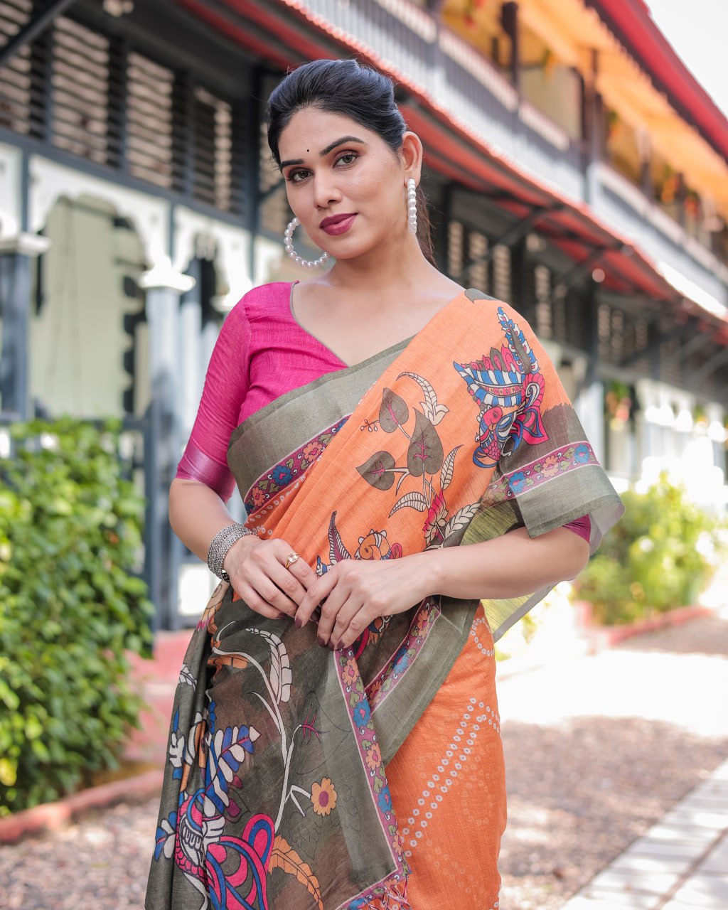 Vibrant Orange Bandhani & Kalamkari Fusion Print Linen Cotton Saree