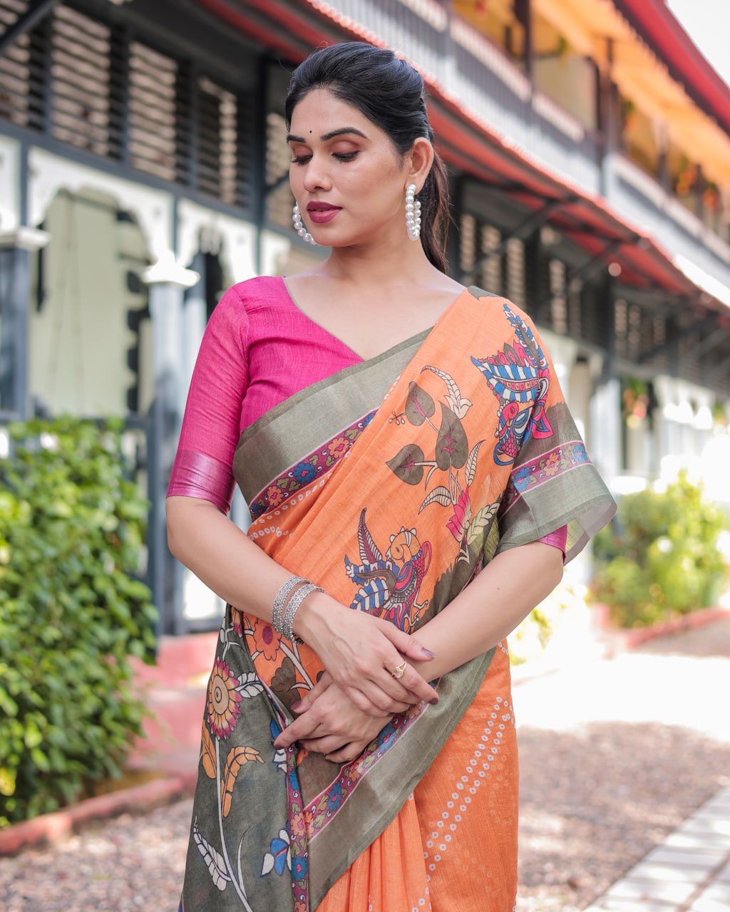 Vibrant Orange Bandhani & Kalamkari Fusion Print Linen Cotton Saree