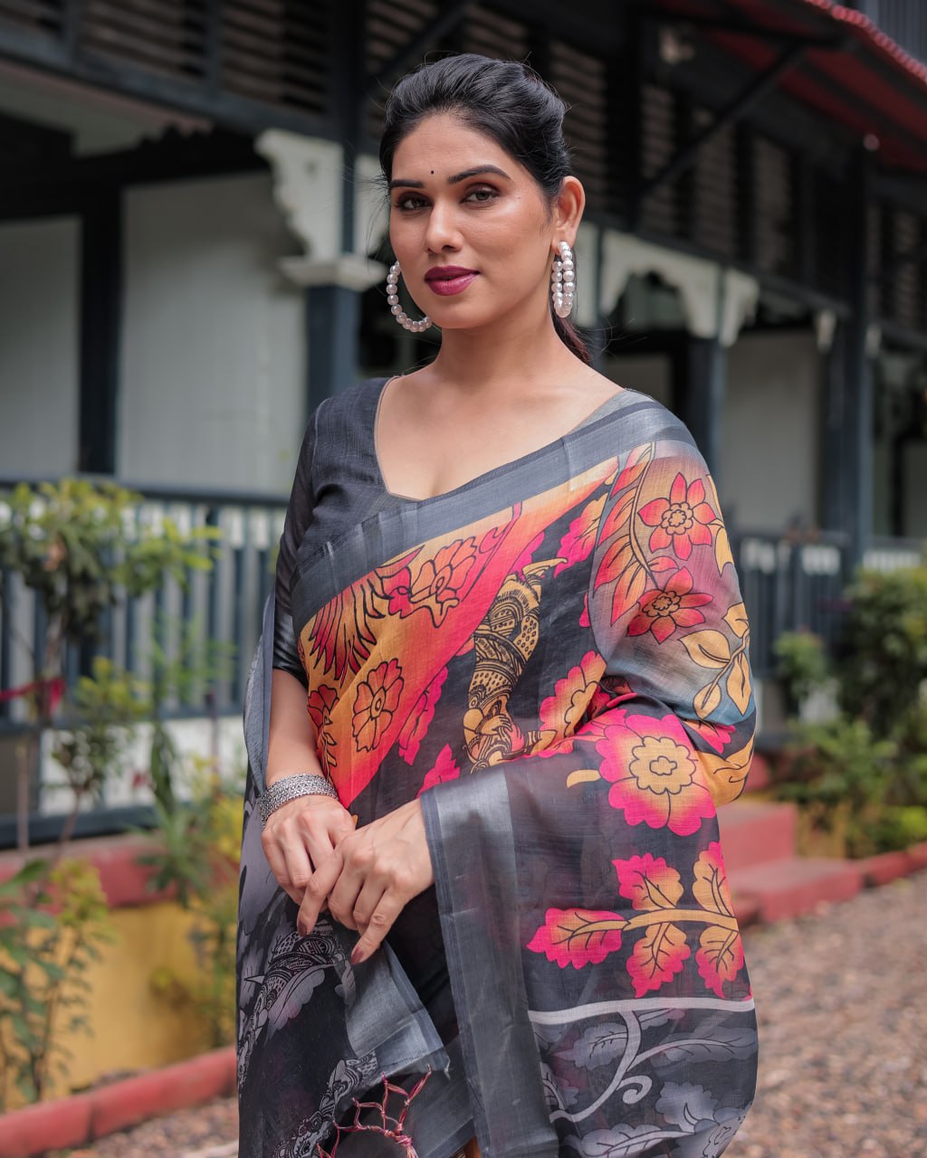 Premium Black & Multicolor Floral Linen Cotton Saree