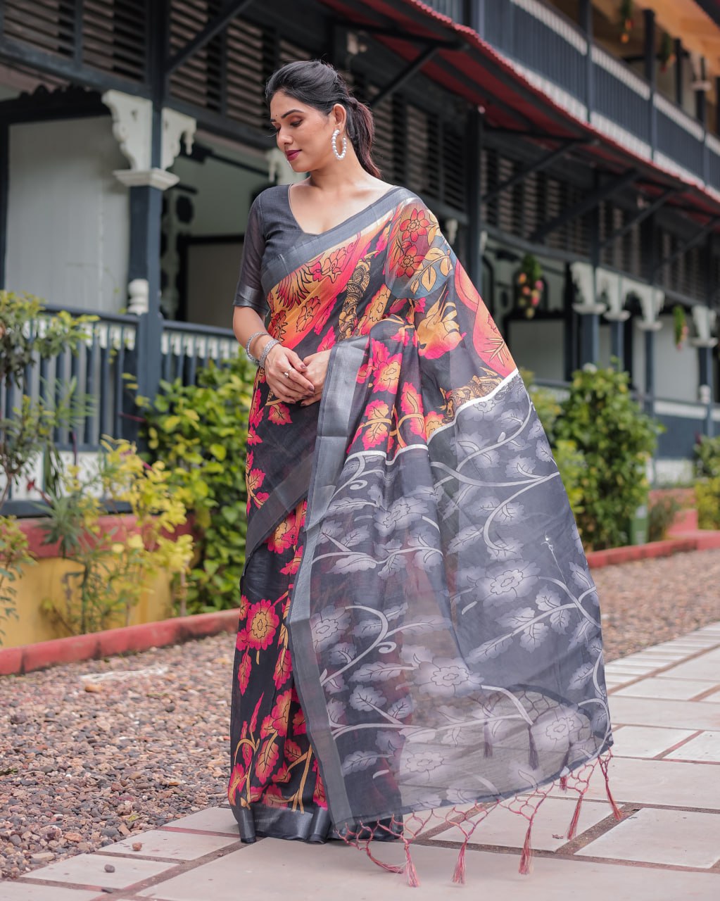 Premium Black & Multicolor Floral Linen Cotton Saree
