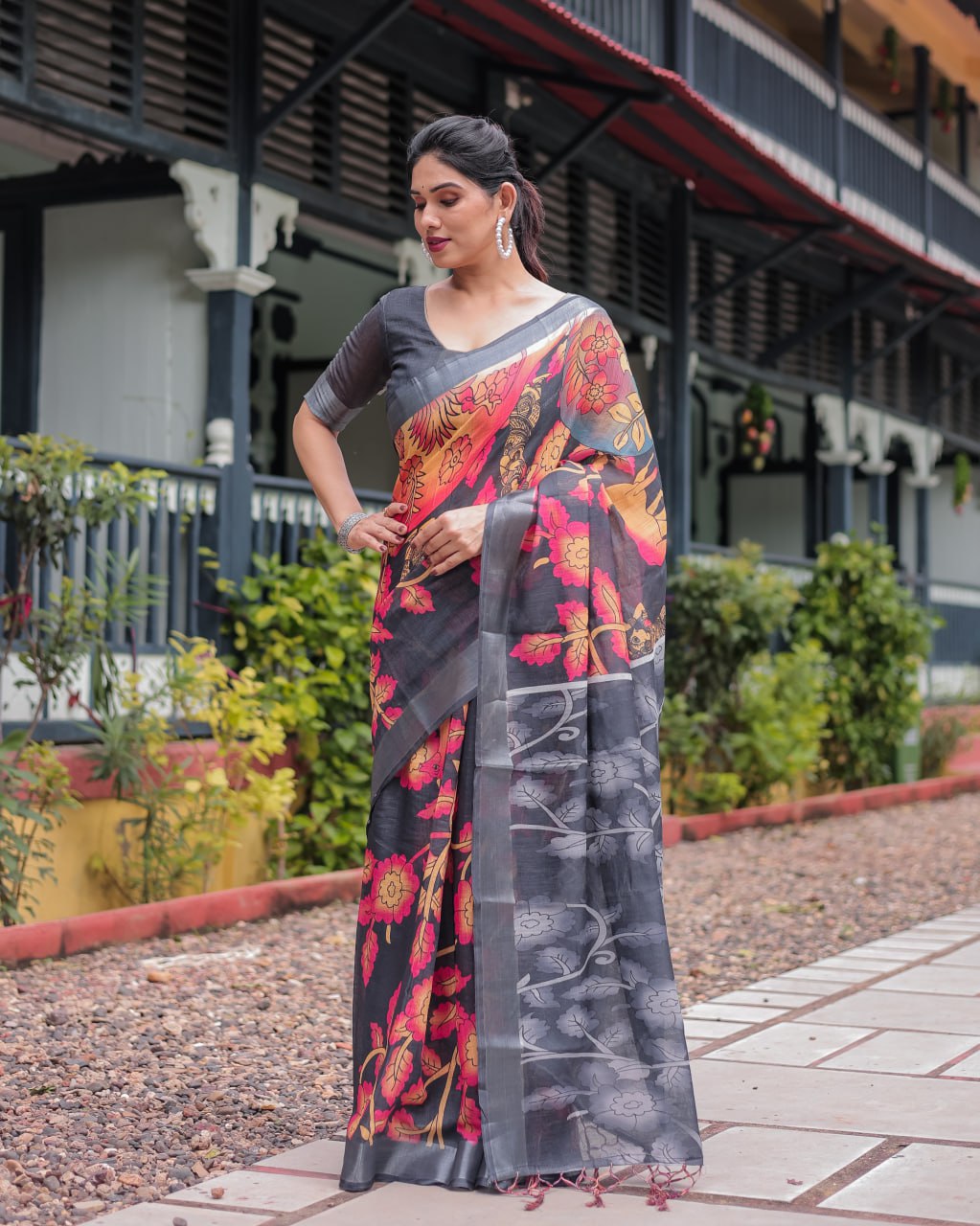 Premium Black & Multicolor Floral Linen Cotton Saree