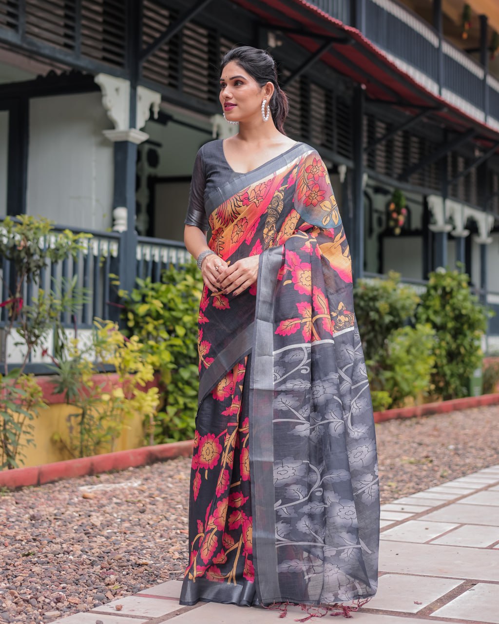Premium Black & Multicolor Floral Linen Cotton Saree