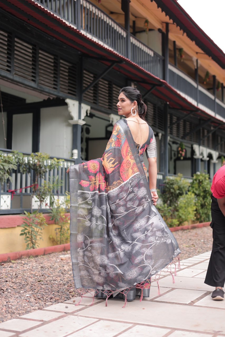 Premium Black & Multicolor Floral Linen Cotton Saree