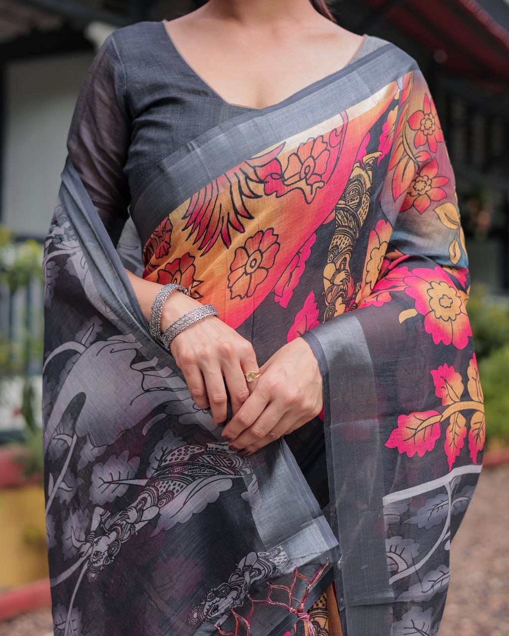 Premium Black & Multicolor Floral Linen Cotton Saree