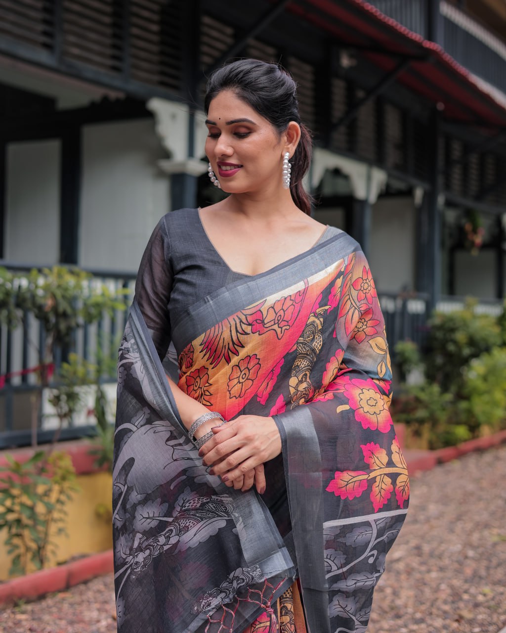 Premium Black & Multicolor Floral Linen Cotton Saree