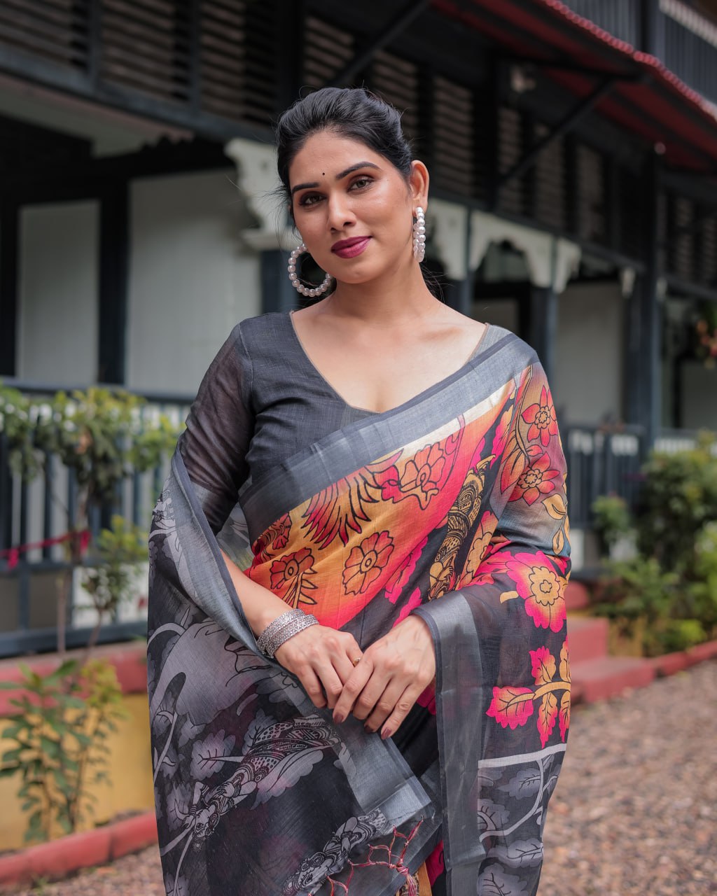Premium Black & Multicolor Floral Linen Cotton Saree