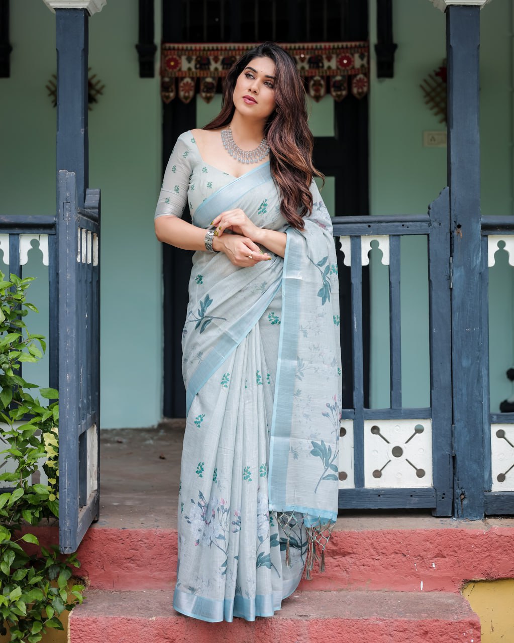 : Elegant Light Slate Blue Floral Print Linen Cotton Saree