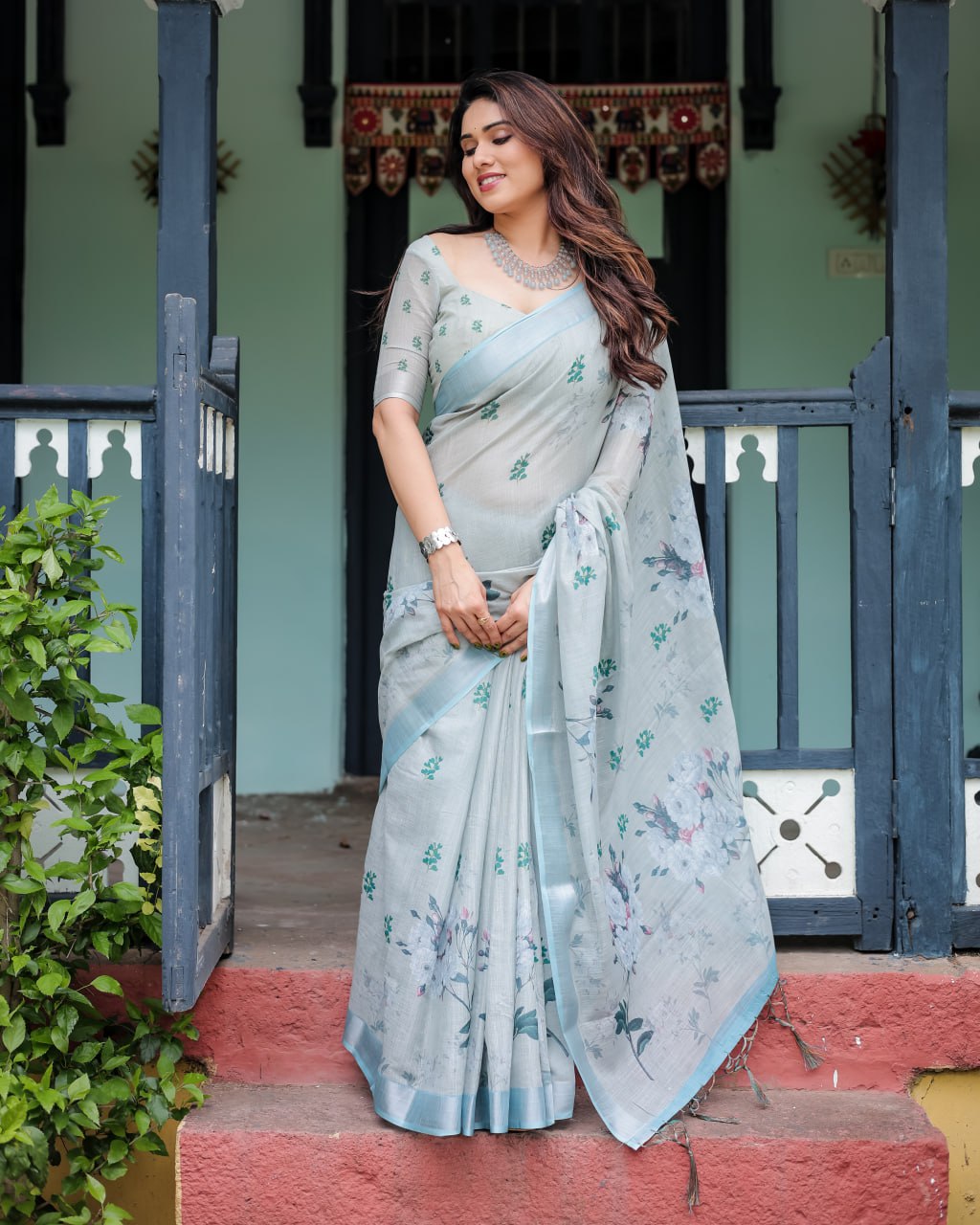 : Elegant Light Slate Blue Floral Print Linen Cotton Saree