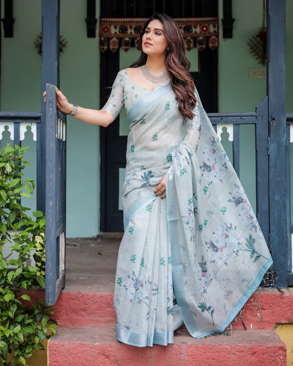 : Elegant Light Slate Blue Floral Print Linen Cotton Saree