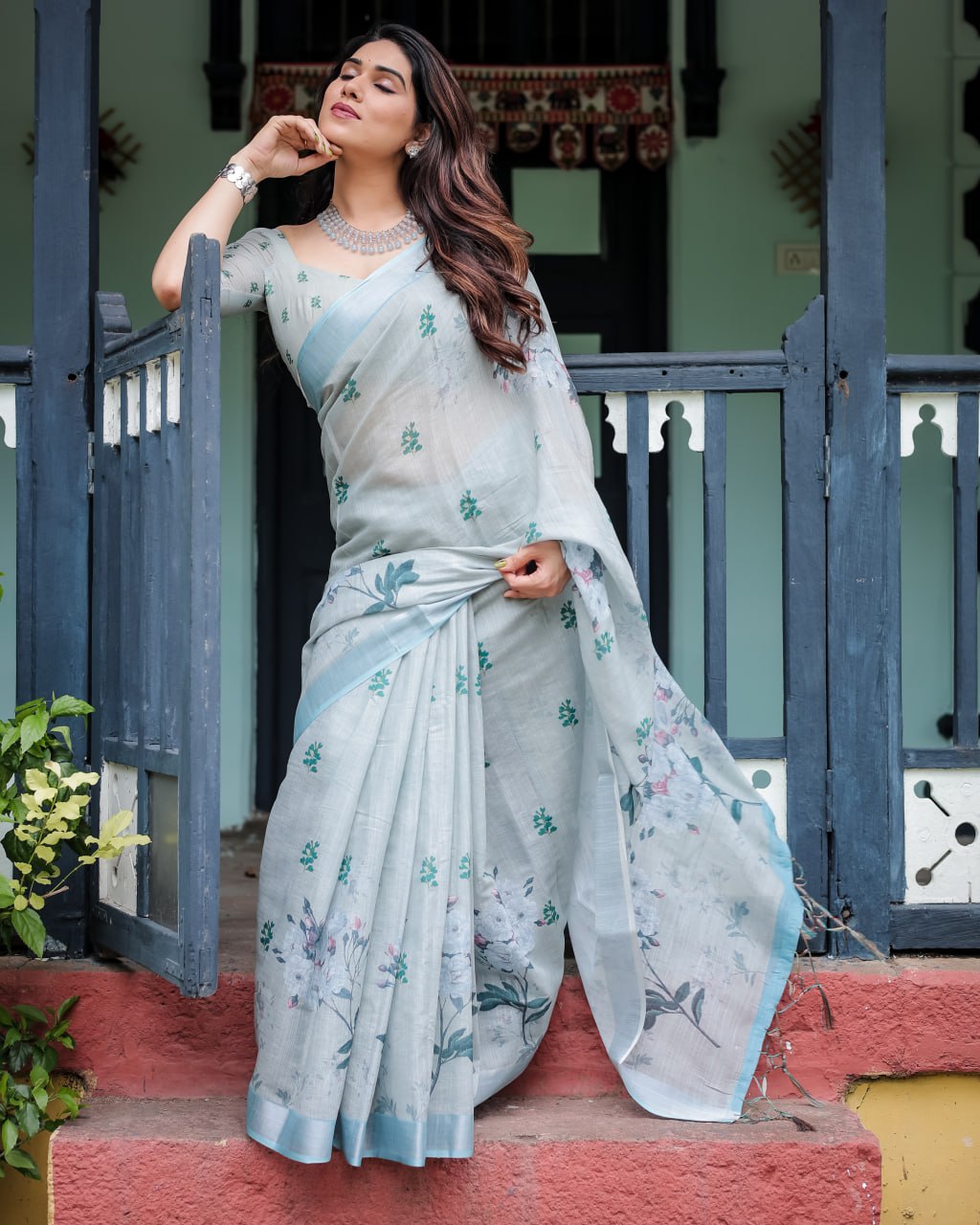 : Elegant Light Slate Blue Floral Print Linen Cotton Saree