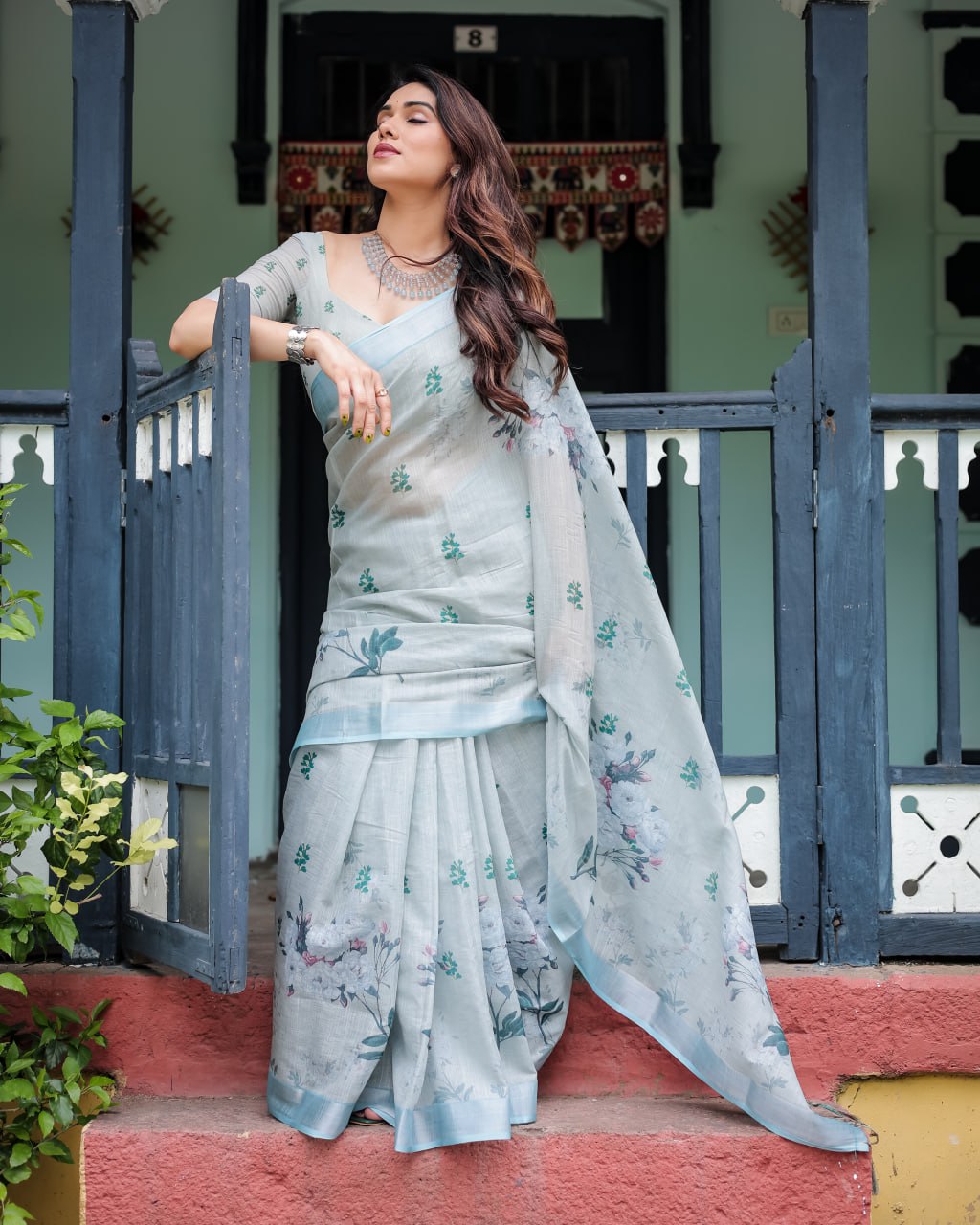 : Elegant Light Slate Blue Floral Print Linen Cotton Saree