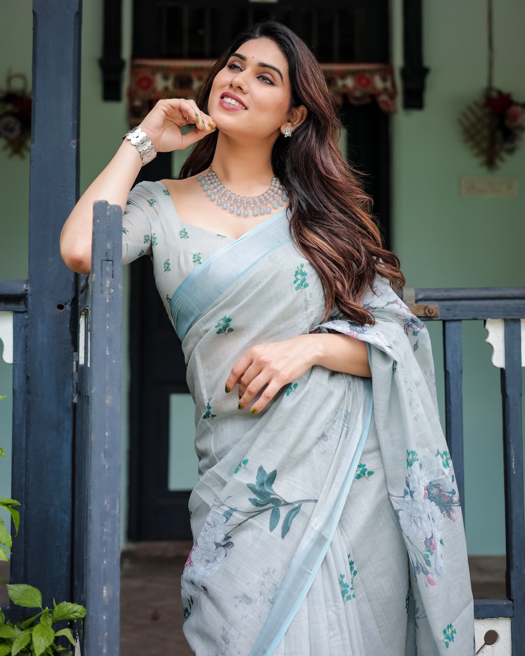 : Elegant Light Slate Blue Floral Print Linen Cotton Saree