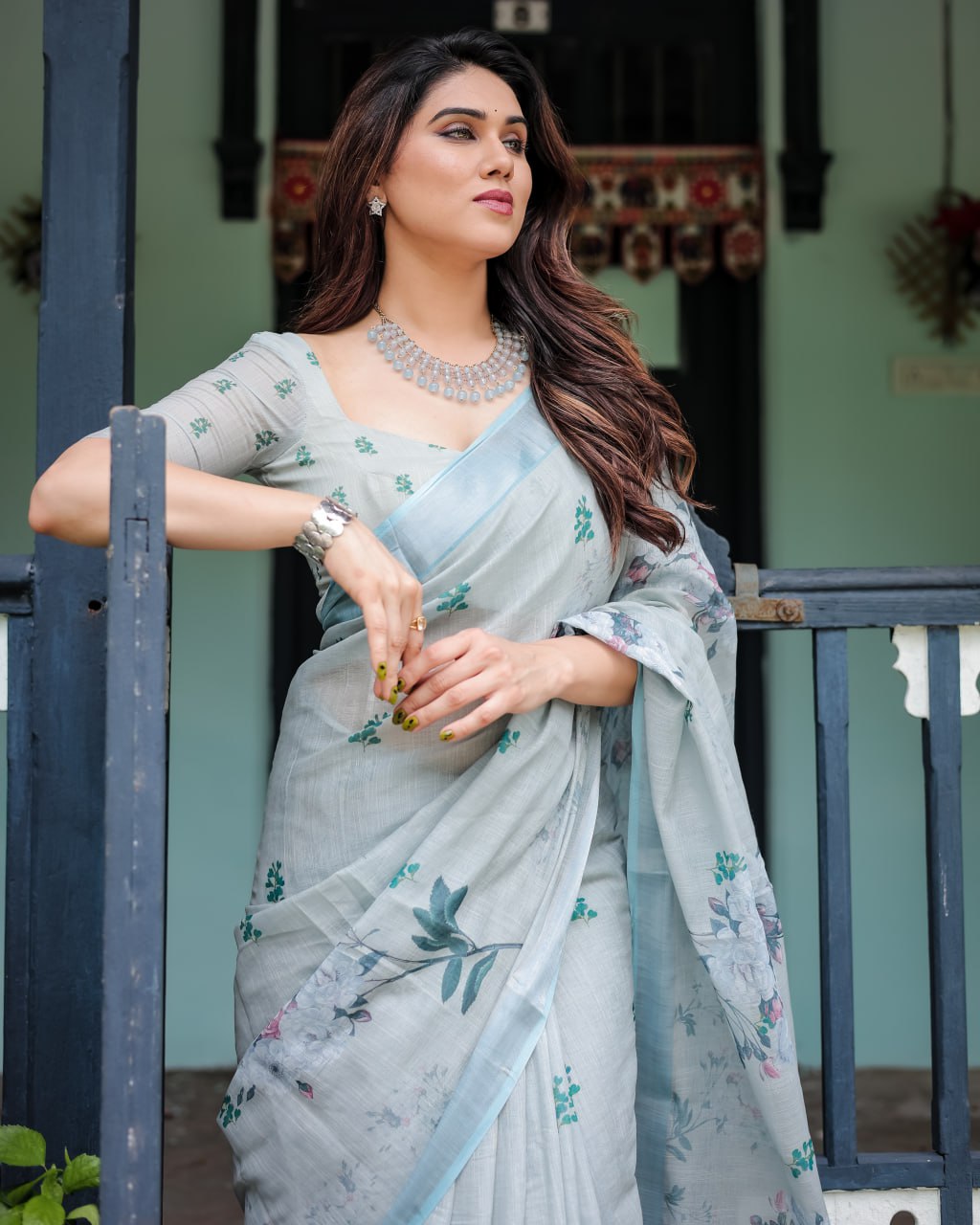 : Elegant Light Slate Blue Floral Print Linen Cotton Saree