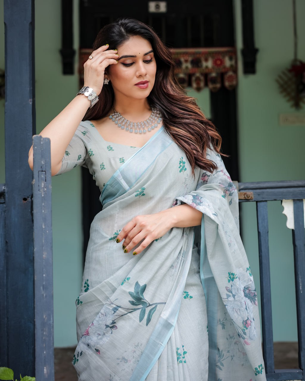 : Elegant Light Slate Blue Floral Print Linen Cotton Saree
