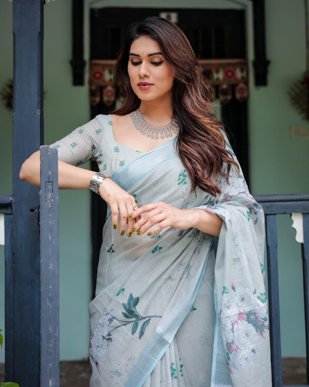 : Elegant Light Slate Blue Floral Print Linen Cotton Saree