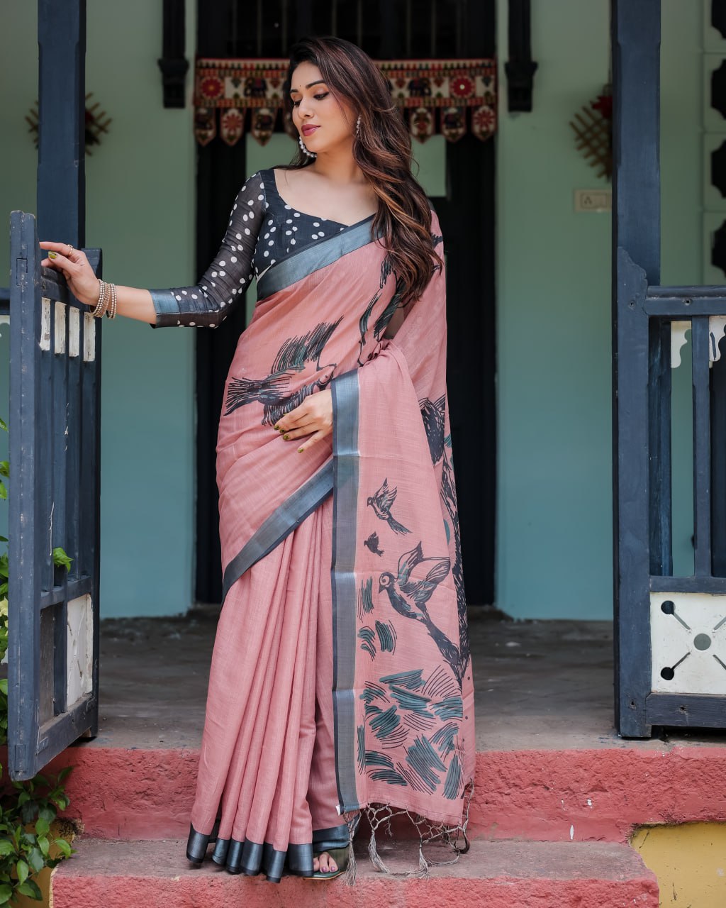 Artistic Dusty Rose Linen Cotton Saree with Contemporary Bird Print