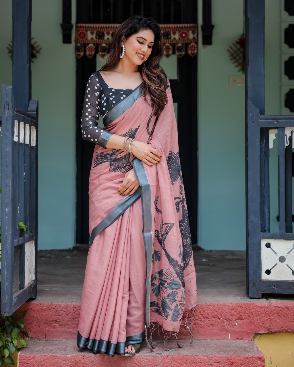 Artistic Dusty Rose Linen Cotton Saree with Contemporary Bird Print