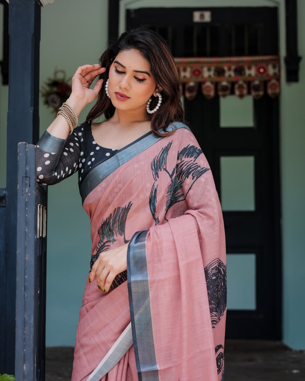 Artistic Dusty Rose Linen Cotton Saree with Contemporary Bird Print