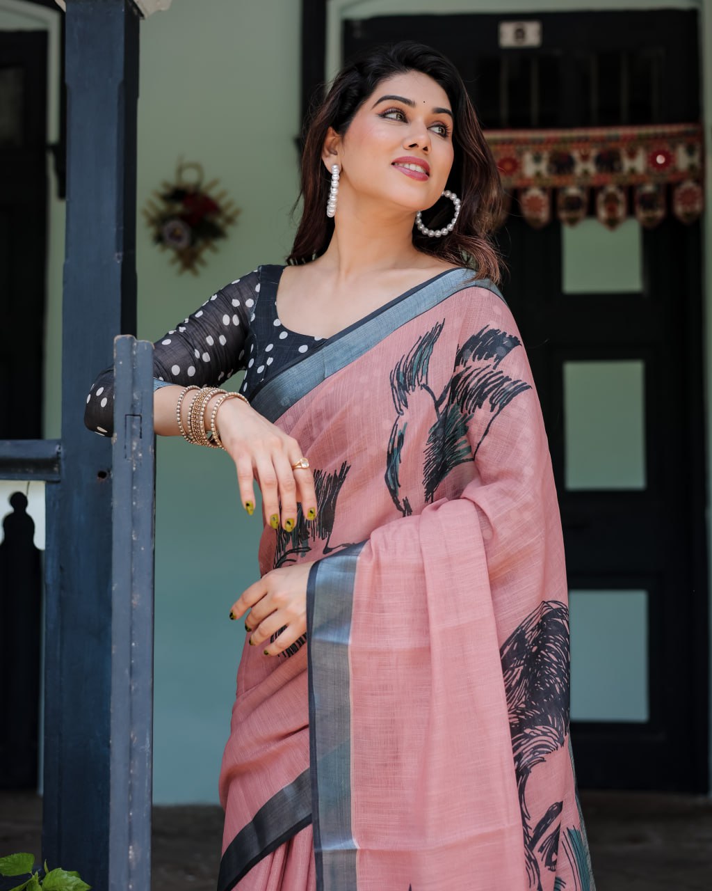 Artistic Dusty Rose Linen Cotton Saree with Contemporary Bird Print