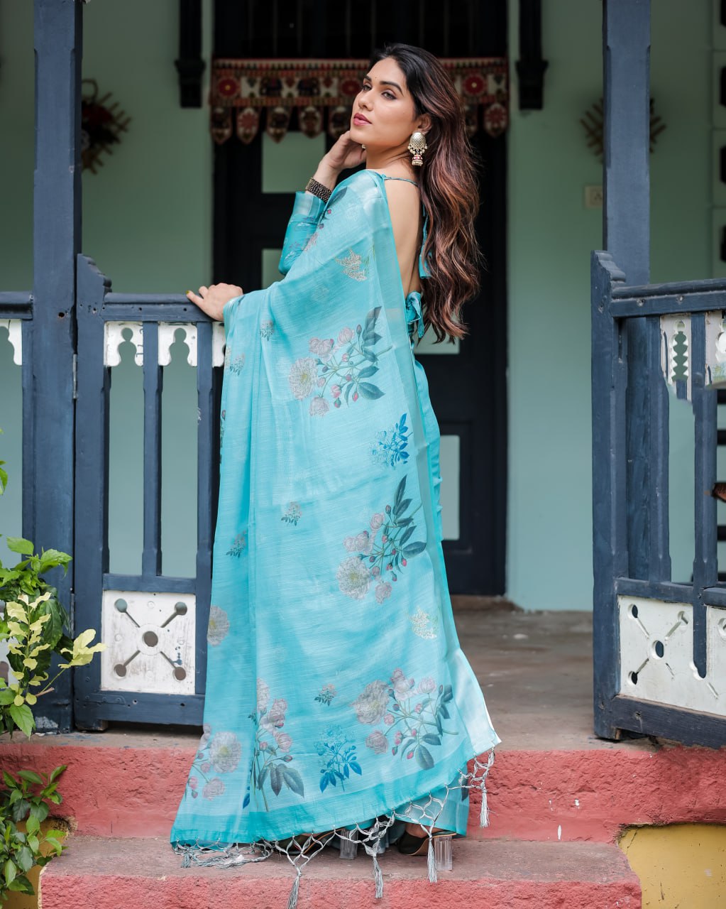 Vibrant Aqua Blue Floral Print Linen Cotton Saree