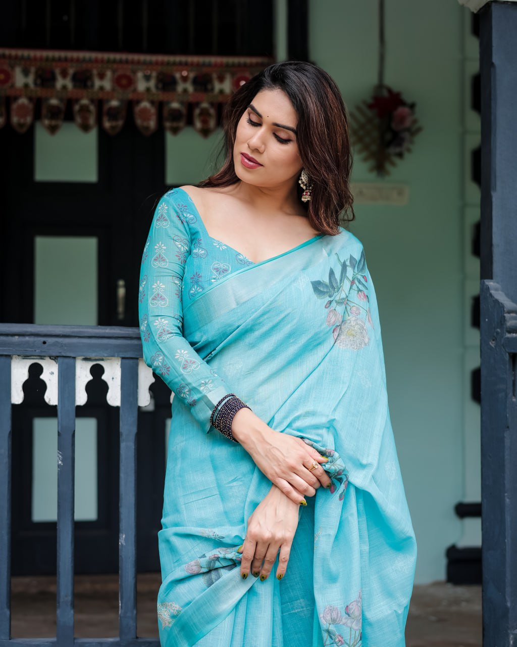 Vibrant Aqua Blue Floral Print Linen Cotton Saree