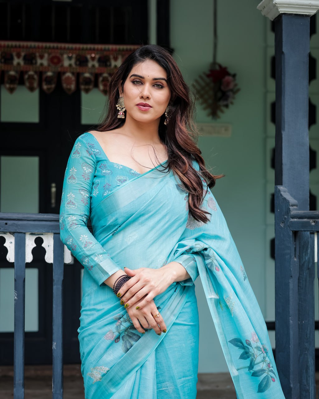 Vibrant Aqua Blue Floral Print Linen Cotton Saree