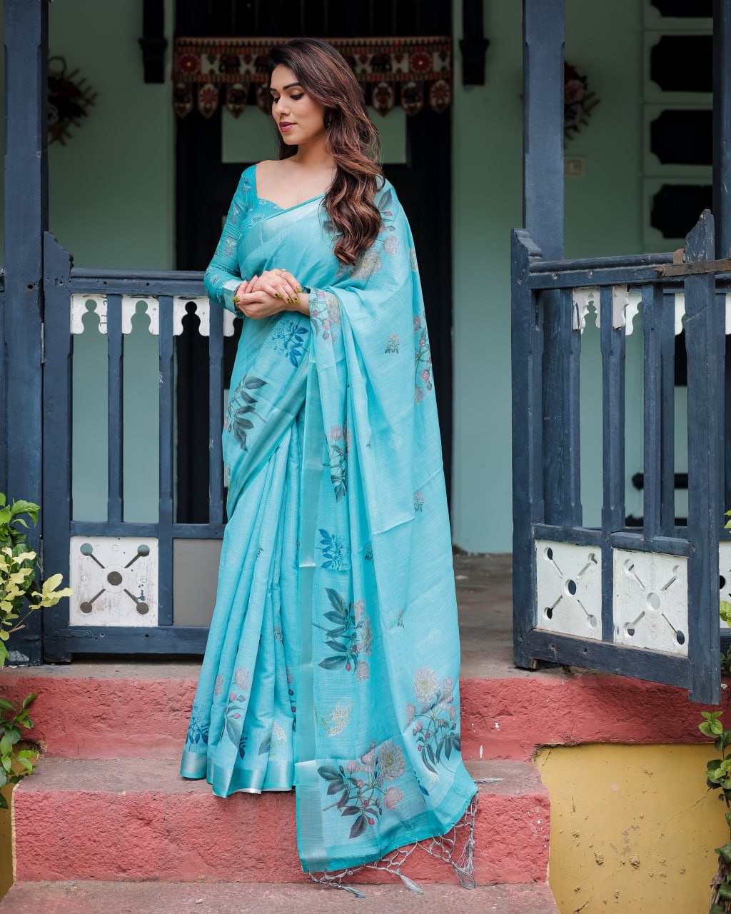 Vibrant Aqua Blue Floral Print Linen Cotton Saree