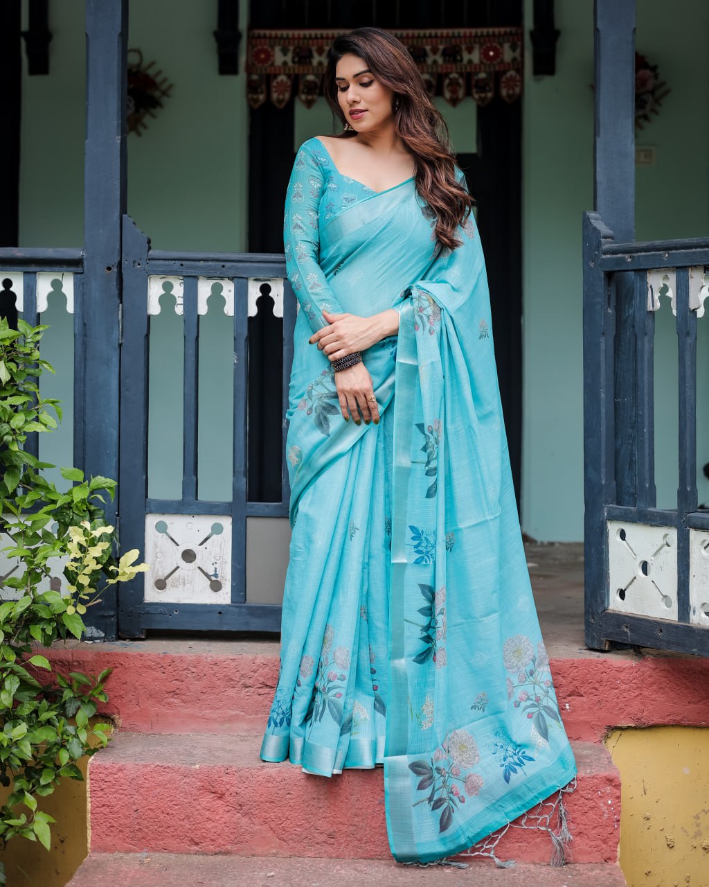 Vibrant Aqua Blue Floral Print Linen Cotton Saree