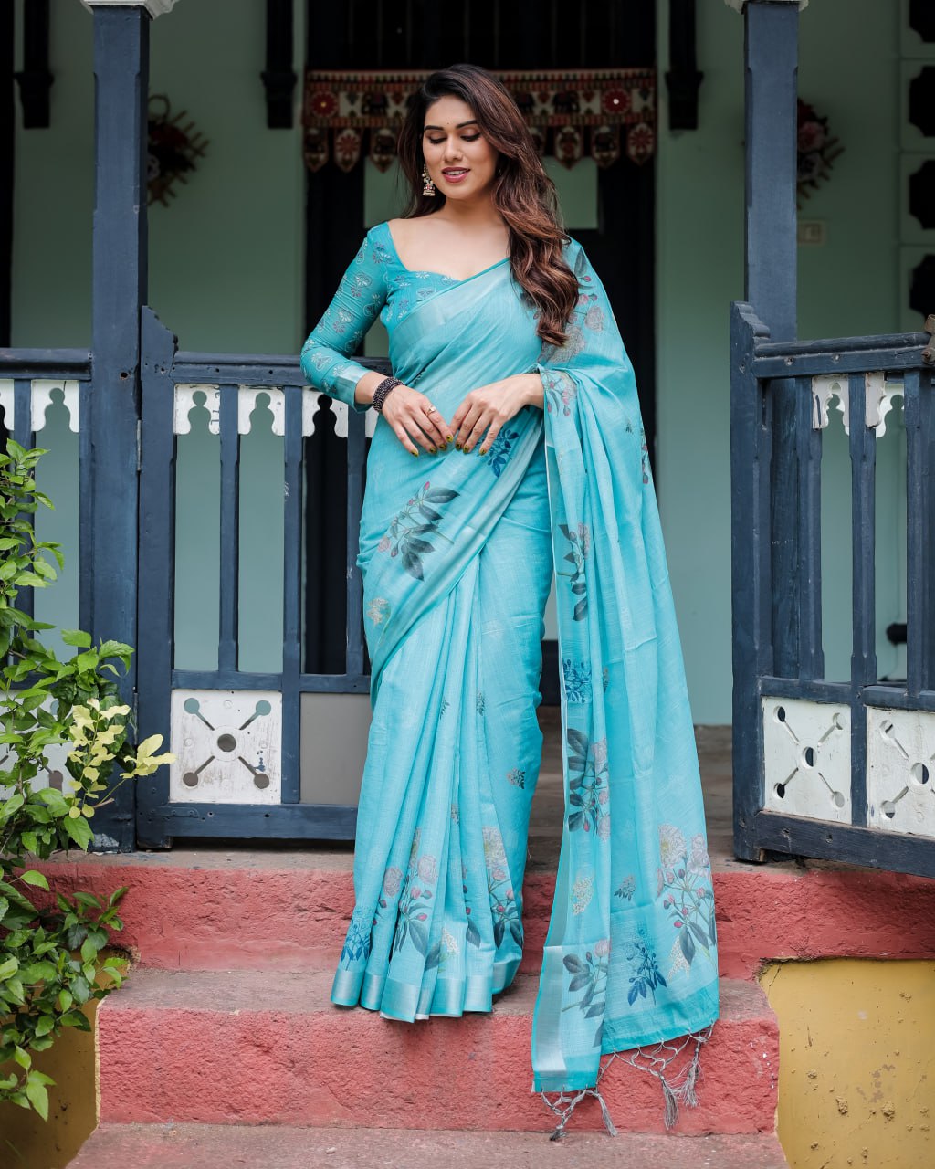 Vibrant Aqua Blue Floral Print Linen Cotton Saree