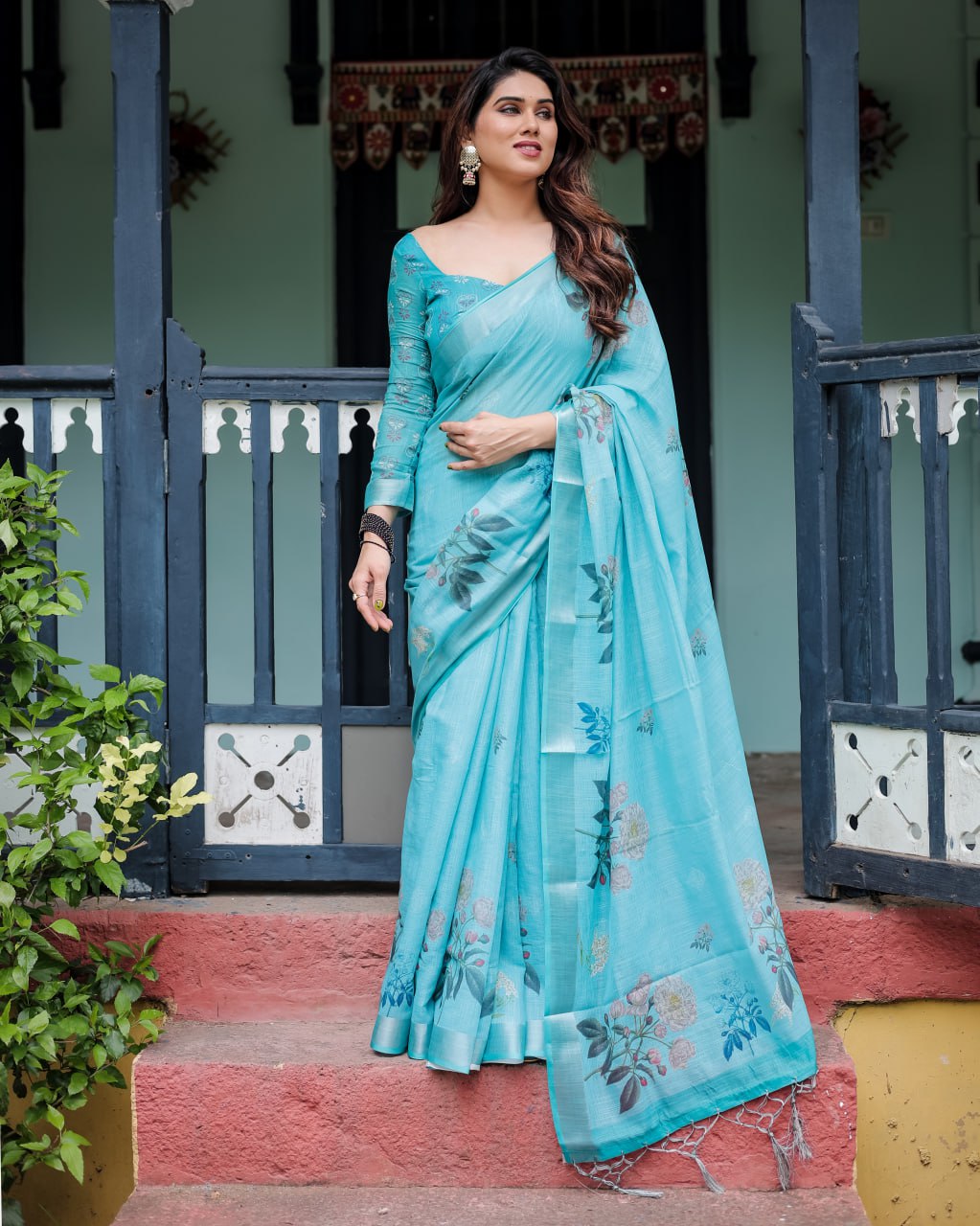 Vibrant Aqua Blue Floral Print Linen Cotton Saree