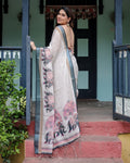 Traditional Off-White Linen Cotton Saree with Elephant Print