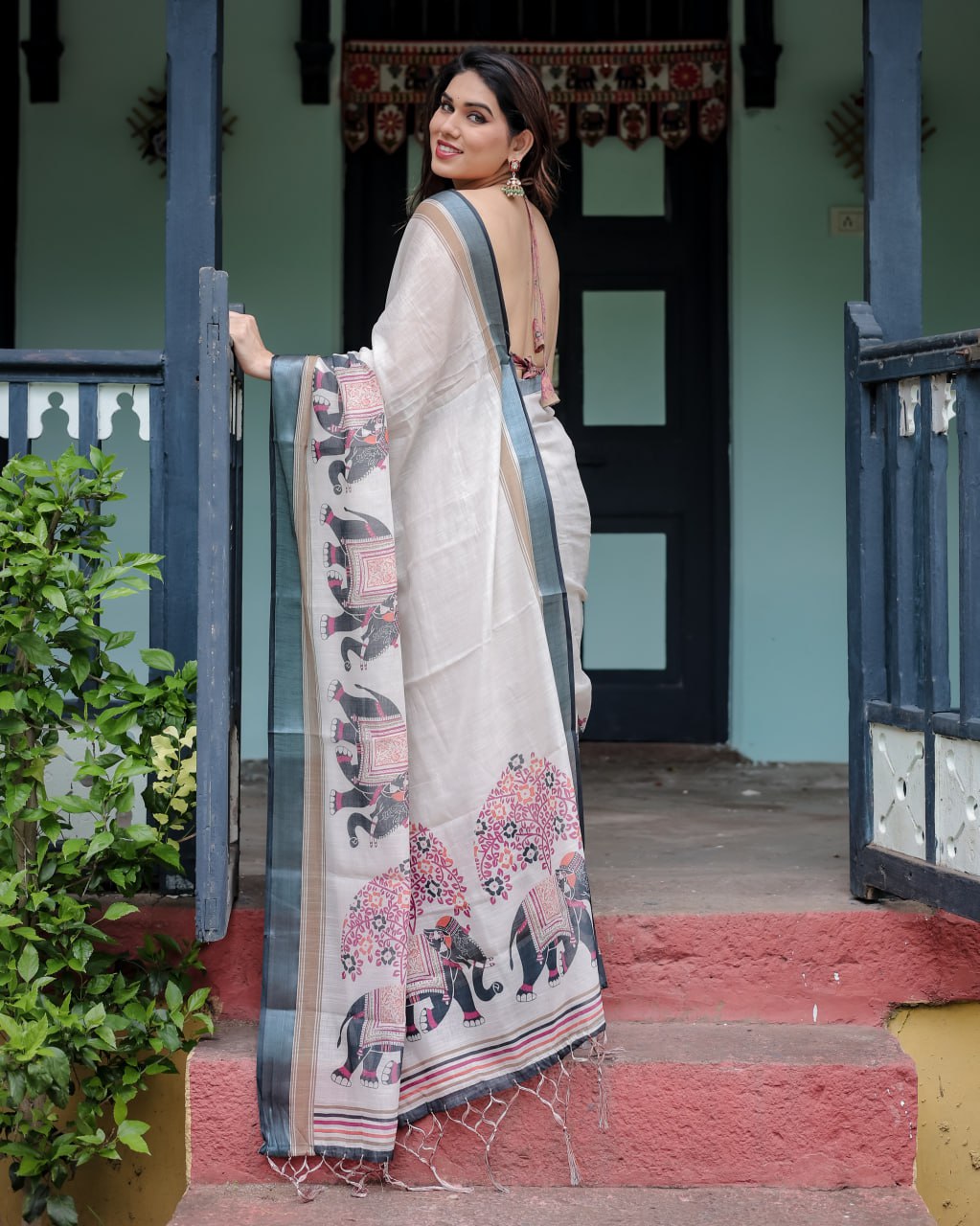 Traditional Off-White Linen Cotton Saree with Elephant Print