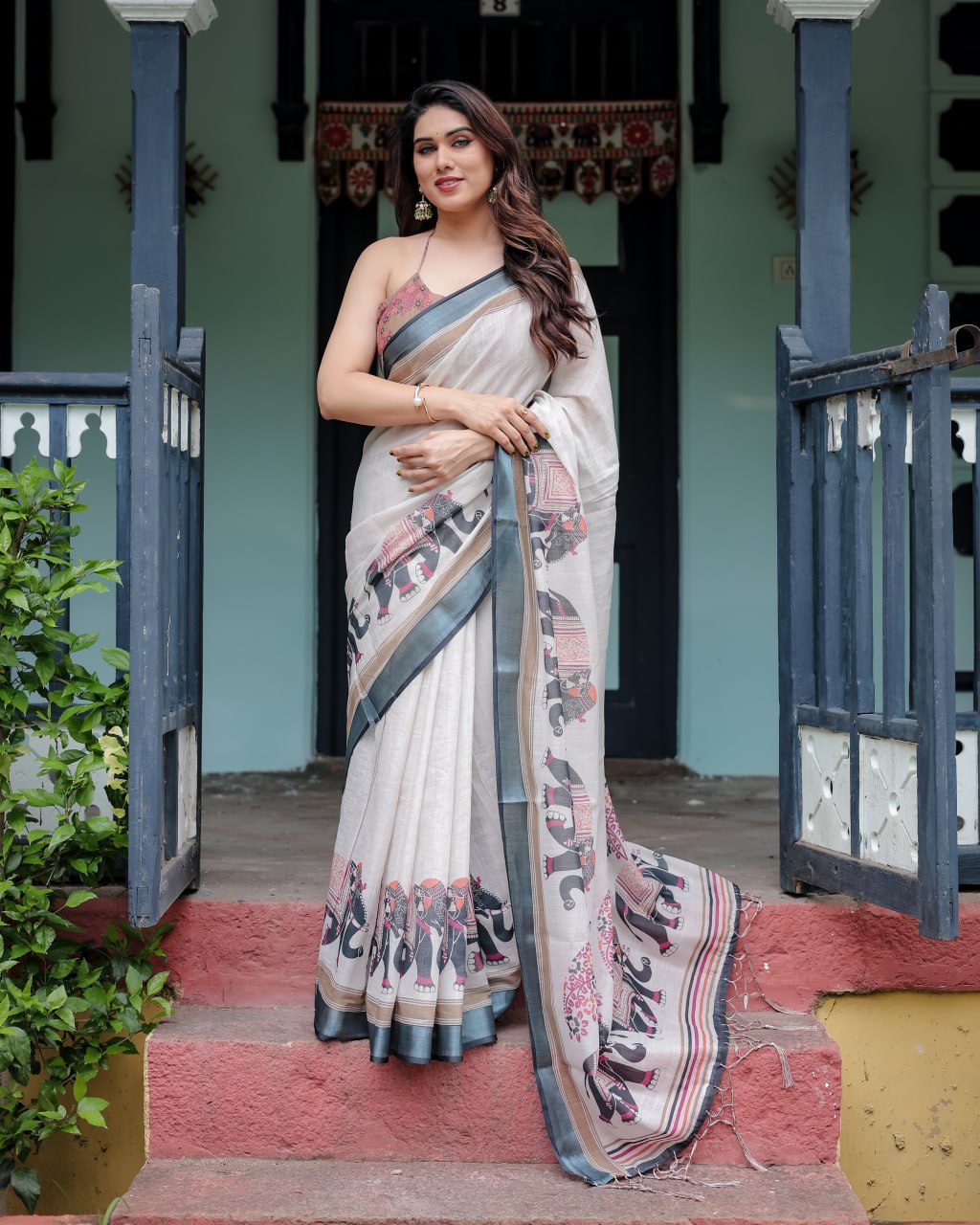 Traditional Off-White Linen Cotton Saree with Elephant Print