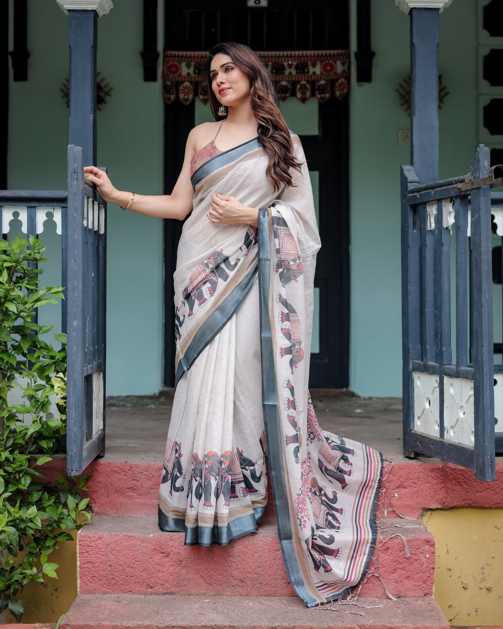 Traditional Off-White Linen Cotton Saree with Elephant Print