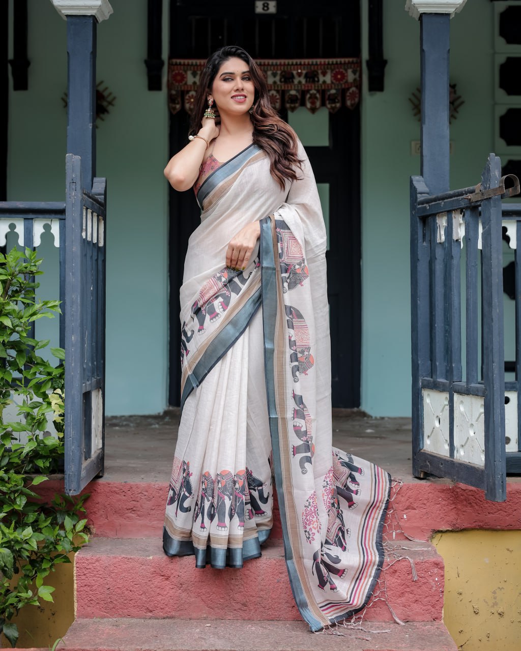 Traditional Off-White Linen Cotton Saree with Elephant Print
