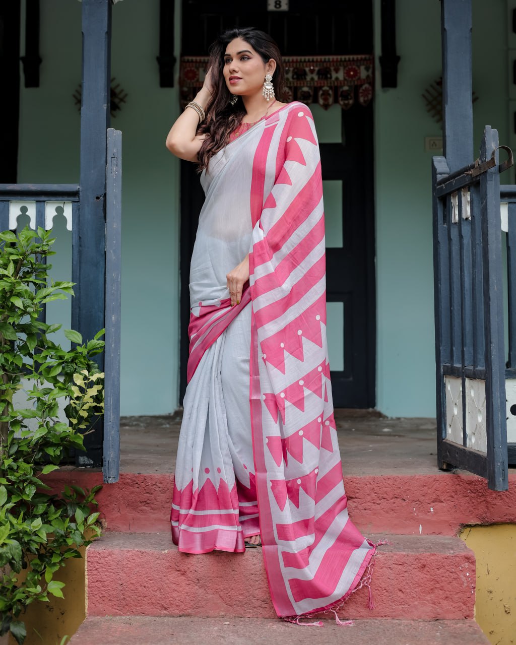 Contemporary White & Hot Pink Geometric Print Linen Cotton Saree
